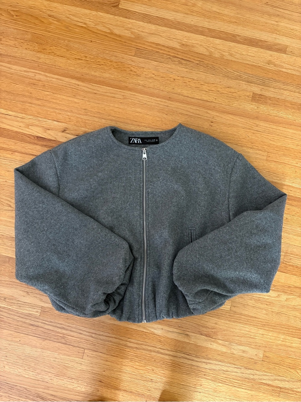 ZARA Dark Gray Cropped Zip Balloon-Sleeve Bomber Jacket